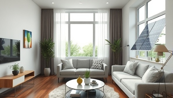 An eco-friendly living room setup with energy-efficient light bulbs, a smart thermostat, and solar panels visible through the window, creating a modern and sustainable home environment.