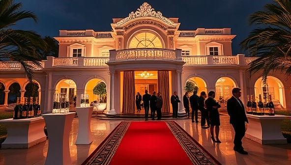 A lavish pop-up event featuring a stunning mansion adorned with luxury decor, champagne towers, and a red carpet entrance with affluent guests mingling and admiring the property under glamorous lighting, capturing the essence of high-end real estate experiences.