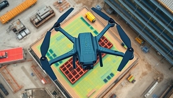 An aerial view captured by a drone showing a construction site with detailed topographic mapping, structural analysis overlays, and real-time data transmission to a ground station, illustrating the advanced capabilities and precision of drone inspection and surveying services in the construction industry.