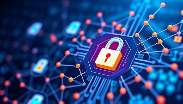 An abstract representation of blockchain technology integrating with web design elements, featuring secure data blocks, digital keys, and decentralized project management processes, symbolizing trust, transparency, and security in the web design marketplace.