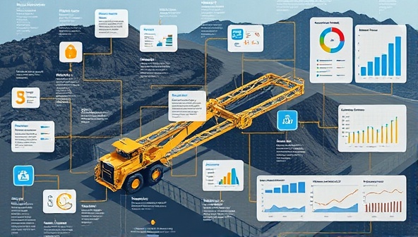An infographic representation of a mining operation with digital data streams connecting equipment and processes, displaying real-time analytics dashboards and performance metrics, illustrating the power of data-driven insights in optimizing mining operations.