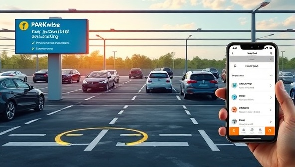 A dynamic parking lot scene with digital signage displaying real-time parking availability, smart sensors guiding cars to vacant spots, and a mobile app interface showing parking reservation options and payment details, illustrating the seamless and efficient PARKwise Tech experience for drivers.