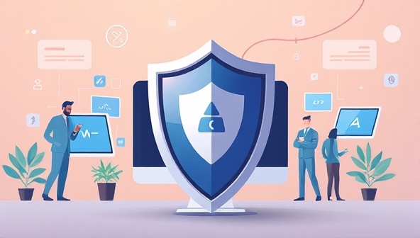 An illustration of a website being shielded by a protective shield symbolizing security and maintenance, with a team of professionals in the background monitoring and optimizing the site, conveying the idea of reliable and proactive web care services for peace of mind.