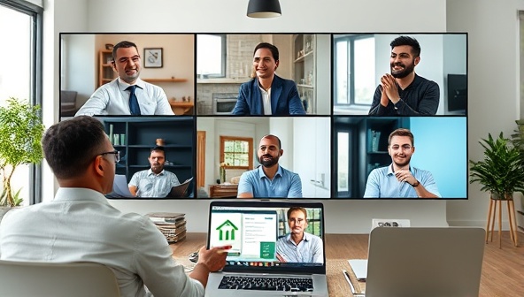 A virtual meeting scene with energy consultants providing advice on energy-efficient upgrades to a diverse group of clients, all engaging in the discussion via video conference, symbolizing global reach and remote consultation services.