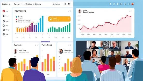 A vibrant digital dashboard showcasing real-time citizen feedback, colorful graphs on civic participation rates, and a diverse group of people engaging in an online community forum, symbolizing collaboration and transparency in governance.