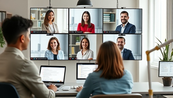 A virtual office setting with career coaches engaging with clients through video calls, conducting mock interviews, reviewing resumes, and providing tailored career advice, conveying professionalism and career guidance in a digital environment.