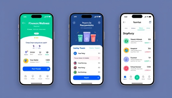 A modern and sleek mobile app interface displaying financial wellness scores, personalized recommendations, and interactive budgeting tools, conveying simplicity and empowerment in managing finances.