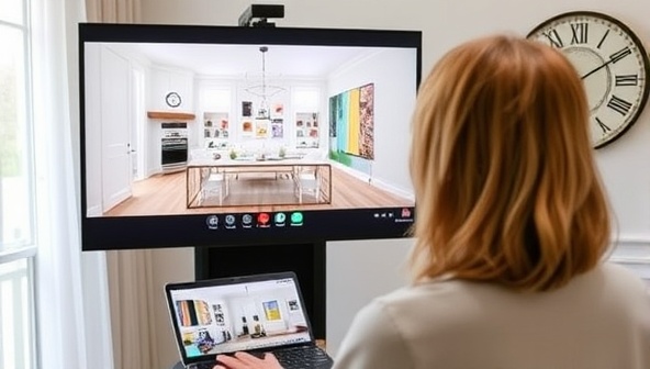 An image of a virtual interior designer presenting a digital mood board and room layout to a client via a video call, with sample swatches and decor items displayed on the screen, highlighting the virtual design consultation process.