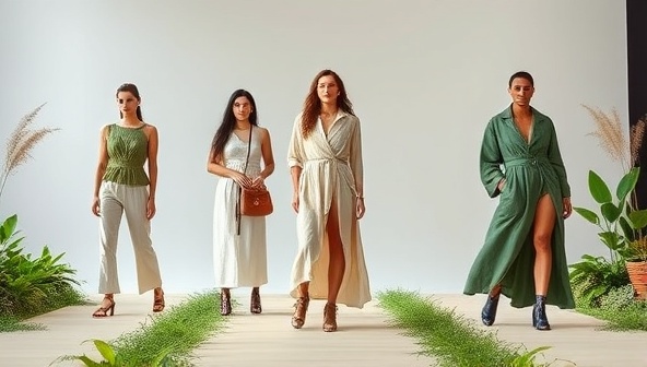 An eco-chic virtual fashion runway featuring models showcasing sustainable clothing and accessories, eco-friendly fabrics and designs, and natural elements in the backdrop, creating a visually appealing and environmentally conscious fashion showcase.