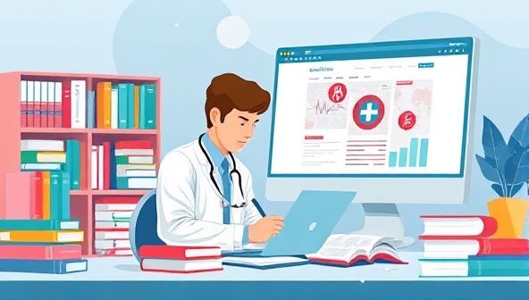An artistic digital illustration featuring a medical writer at work, surrounded by books, medical journals, and a computer screen displaying a healthcare website, symbolizing expertise and professionalism in medical content creation offered by the online service.