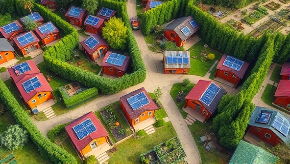 An aerial view of a picturesque tiny house community surrounded by lush greenery, solar panels on each roof, and shared vegetable gardens, showcasing a harmonious blend of sustainability and community living in a tranquil setting.