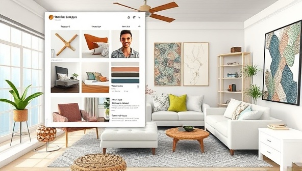 An artistic visualization of a virtual interior design consultation session, featuring a virtual mood board, 3D room renderings, fabric swatches, and design sketches, creating a vibrant and inspiring atmosphere synonymous with DesignElevate Virtual's innovative design concepts.