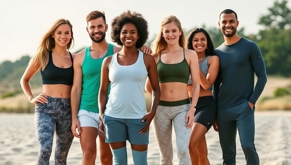 An aesthetically pleasing image featuring a diverse group of individuals wearing GreenFit Wear's eco-friendly activewear in a natural setting, such as a park or beach, highlighting the brand's focus on sustainability, style, and outdoor fitness activities.