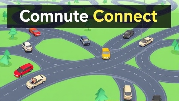 An illustrative graphic showing a network of roads with cars representing commuters using Commute Connect, highlighting the community-driven aspect and eco-friendly benefits of carpooling for daily transportation.