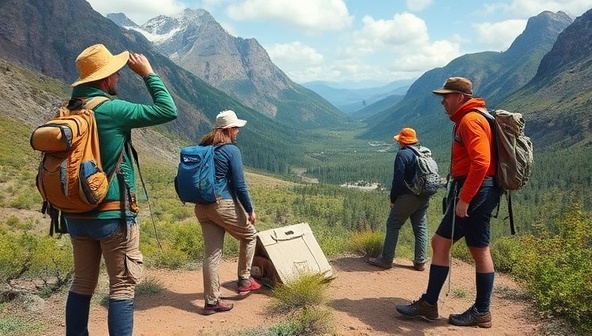 An outdoor wilderness setting with adventurers equipped with WildHaven's eco-friendly gear, surrounded by scenic natural landscapes, showcasing the durability and eco-conscious design of the outdoor equipment in action.
