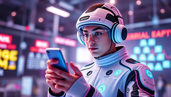 An eye-catching digital artwork of a futuristic virtual influencer interacting with a brand product, blending seamlessly into a virtual world, symbolizing the innovative approach of the agency.