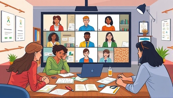 An illustration of a virtual writing workshop session, showing a diverse group of participants engaged in a lively discussion on a video call, with notes and writing materials scattered around, creating a vibrant and collaborative atmosphere.