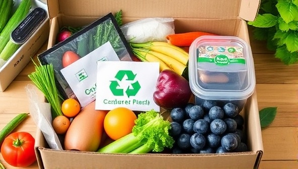 An eco-friendly meal kit box filled with fresh produce, reusable containers, and compostable packaging, symbolizing sustainable meal solutions and environmentally friendly practices.