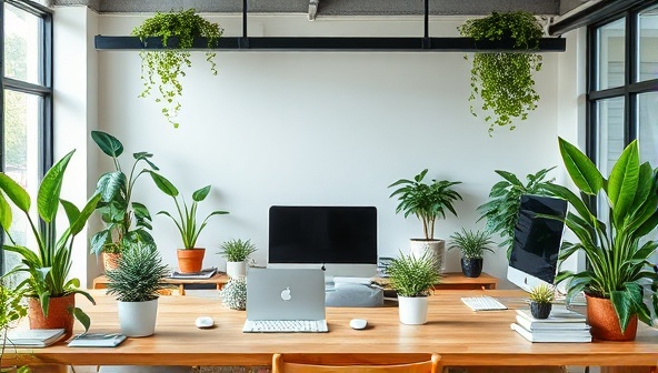 An eco-friendly workspace with plants, recycled materials, and energy-efficient devices, symbolizing sustainability and environmental consciousness in a modern and inviting setting.
