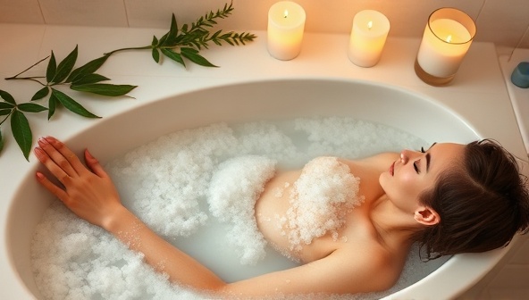 A serene image of a person relaxing in a bath filled with CBD-infused bath salts, surrounded by candles and greenery, evoking a sense of calm and self-care associated with CBD wellness products.