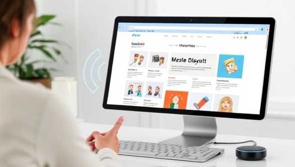 An interactive voice command demonstration for website design, featuring a user dictating changes to a website layout and content using a smart speaker, with the website updating in real-time, illustrating the hands-free and intuitive nature of VoiceWeb Design services.