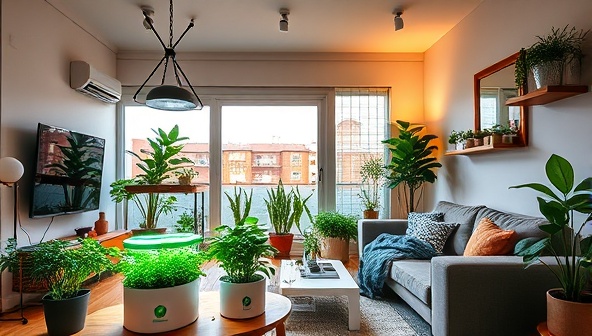 A vibrant and modern living room with a sleek, high-tech indoor farming setup featuring LED grow lights, green plants thriving in hydroponic systems, and a person happily tending to their mini urban farm, showcasing the convenience and eco-friendliness of GreenThumb Box.
