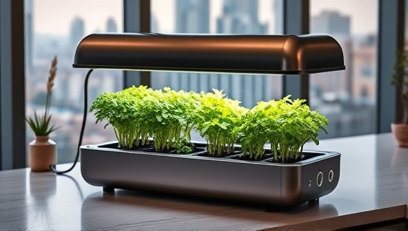 A sleek and modern hydroponic gardening kit displayed on a kitchen countertop, showcasing vibrant green plants thriving in the innovative system, with a cityscape visible through the window in the background, emphasizing urban living.