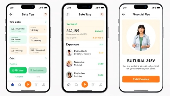 An engaging app interface showing a user setting financial goals, tracking expenses, and receiving personalized financial tips from a virtual financial coach, creating a sense of empowerment and control over one's finances.