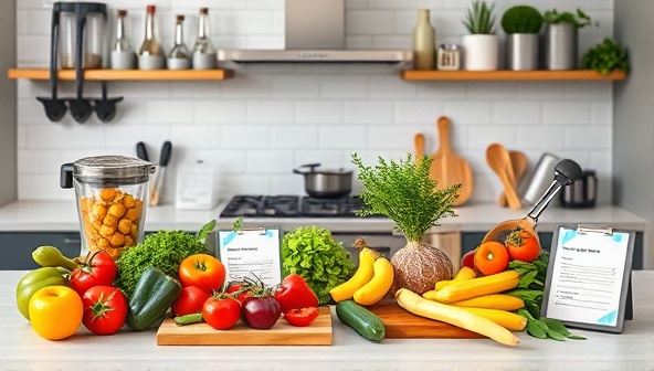 A vibrant kitchen scene with colorful fresh ingredients neatly arranged on a countertop, alongside smart kitchen gadgets and recipe cards, portraying a modern and efficient meal preparation experience.