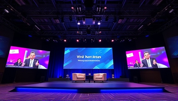 An engaging virtual event setup with a stage, digital screens showcasing event branding, and interactive features for audience engagement, creating a professional and immersive virtual event environment powered by EventSphere Pro's platform.