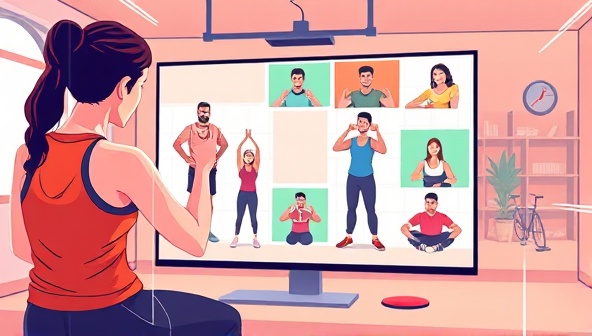 A dynamic digital illustration of a virtual fitness training session, featuring a fitness coach leading an energetic workout class with participants joining remotely from diverse locations, highlighting the convenience and inclusivity of online fitness training.