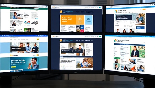 A diverse set of industry-specific website interfaces displayed on a computer screen, each undergoing an accessibility audit with digital accessibility overlays highlighting compliance issues and recommended improvements, illustrating the tailored approach of the niche website accessibility audits provided by the business.