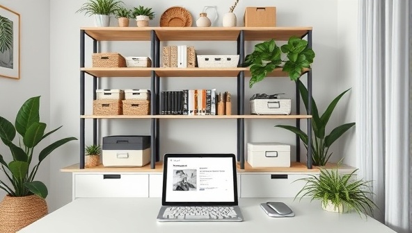 A virtual home office setup with organized shelves, labeled storage bins, and a digital tablet displaying a clutter-free room design, surrounded by minimalist decor and green plants, creating a serene and tidy space for productive living.