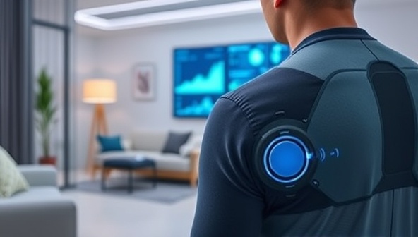 A futuristic home setting with a person wearing a sleek health monitoring device, with data visualizations and AI analytics displayed on a screen in the background, illustrating advanced remote healthcare monitoring.