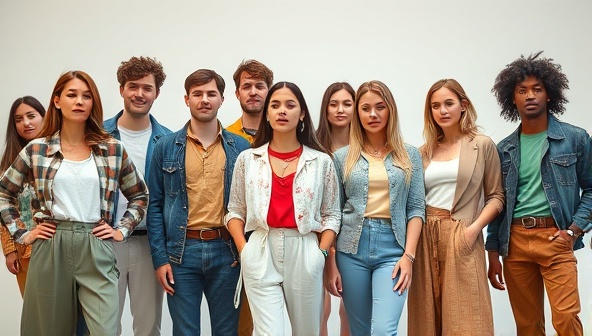 An eye-catching visual of a diverse group of people wearing stylish and sustainable clothing, embracing the concept of eco-friendly fashion and sustainability.
