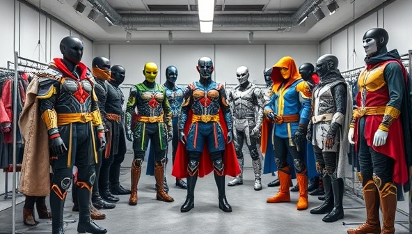 An array of detailed cosplay costumes and props displayed on mannequins in a virtual design studio, showcasing intricate craftsmanship and creative designs inspired by popular video game characters, capturing the essence of cosplay artistry.