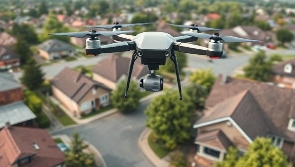 An aerial view of a drone hovering over a suburban neighborhood, delivering a small package to a customer's doorstep, illustrating the convenience and futuristic aspect of drone deliveries.