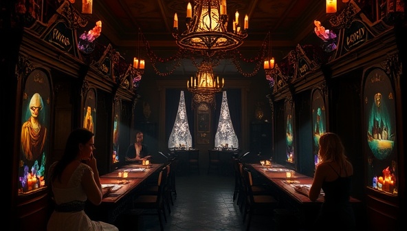 A mystical parlor setting with dim lighting, fortune-telling booths adorned with crystals and candles, customers receiving tarot readings and placing bets on mystical predictions, creating an enchanting and immersive atmosphere within the parlor.