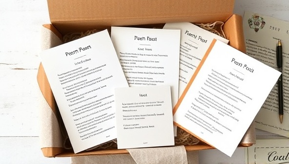An elegantly designed subscription box filled with printed poems, a small booklet featuring poet bios, and a set of artistic writing prompts, exuding a sense of creativity and literary exploration for subscribers to enjoy.