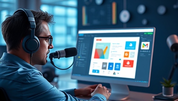 An artistic visualization of a designer using VoiceDesignPro, with a headset microphone, issuing voice commands to manipulate design elements on a digital screen, showcasing the seamless and intuitive workflow of the voice-activated web design tools.