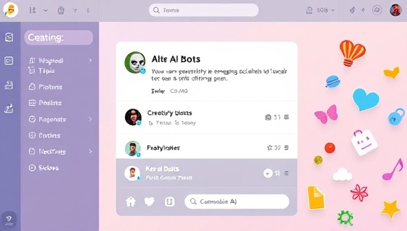An interface screenshot of the platform showing an AI bot generating engaging social media posts with customizable options, surrounded by vibrant icons symbolizing creativity and innovation.