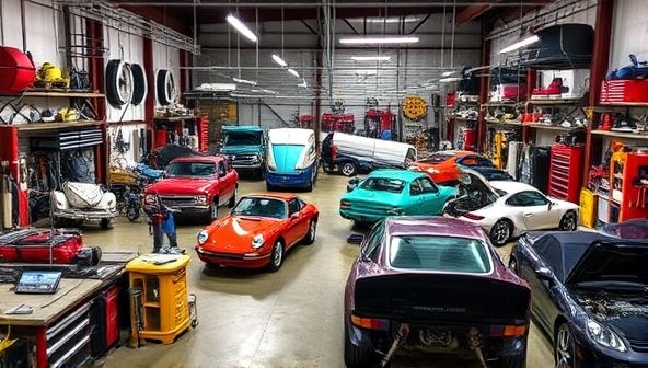 An inviting workshop space filled with tools, car parts, and enthusiasts working on their vehicles, creating a vibrant and communal atmosphere at GearHead Garage.