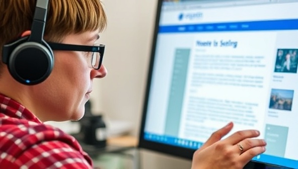 A visually impaired person using a screen reader to navigate a website, highlighting the importance of inclusive web design for all users, emphasizing accessibility and equal access to information.