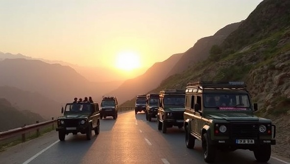 A convoy of vehicles traversing a scenic mountain road, tour guides leading the way, passengers enjoying the breathtaking views, the sun setting in the background, an atmosphere of exploration and camaraderie, capturing the essence of an unforgettable adventure drive tour.