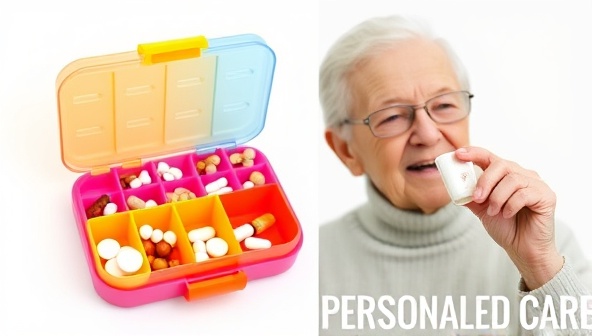 A colorful pill organizer with customized compartments for different medications, accompanied by a smiling elderly person taking their daily dose, symbolizing personalized care and wellness.