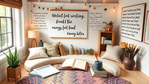 An immersive visual of a virtual writing retreat setting, featuring a cozy workspace with writing materials, inspirational quotes, and virtual connections to mentors and fellow writers, creating a serene and productive atmosphere for creativity and collaboration.