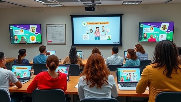 A dynamic digital classroom setting with diverse individuals engaging in online financial literacy courses, with interactive modules and engaging visuals on the screens, symbolizing empowerment and knowledge acquisition through Finance Quest's educational platform, evoking learning and progress.