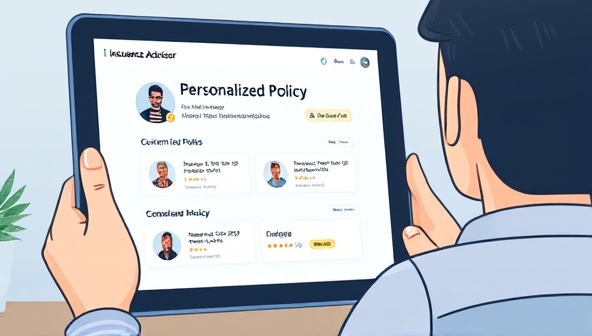 An illustrative depiction of InsureMatch Advisor as a virtual insurance advisor presenting personalized policy recommendations to a customer on a tablet screen, showcasing the intelligent and tailored nature of the recommendation engine in simplifying insurance choices for consumers.