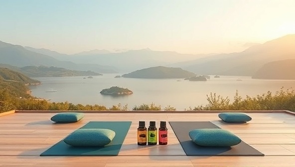 A serene and calming virtual retreat setting featuring a peaceful digital landscape with yoga mats, meditation cushions, and essential oils, creating a tranquil and inviting atmosphere for participants to experience relaxation and mindfulness practices.