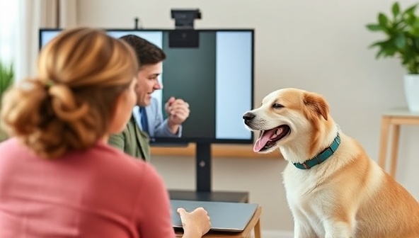 An online pet training session with a trainer guiding a pet owner through a training exercise via video call, with a happy pet responding to commands, creating a positive and interactive virtual learning environment.